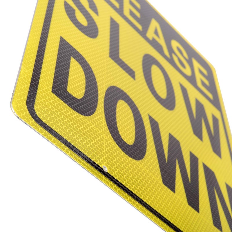 Kichwit Please Slow Down Sign, 16 Inch x 12 Inch/28 Inch High, Double Sided Aluminum Reflective Slow Down Sign with Metal Stakes - Image 3